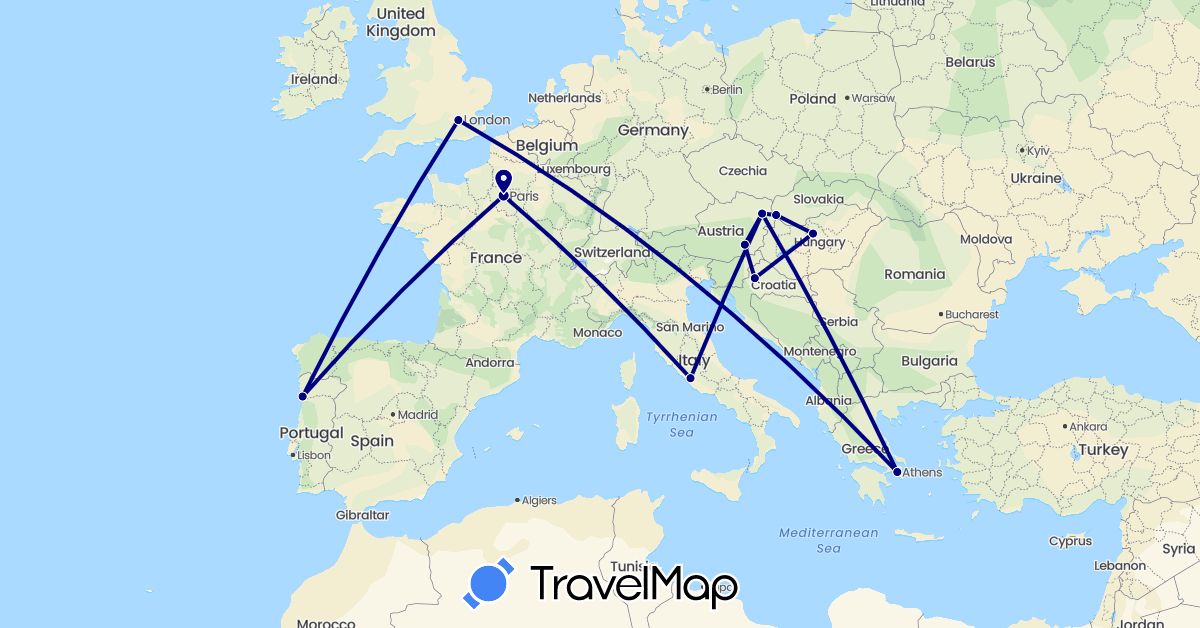 TravelMap itinerary: driving in Austria, France, United Kingdom, Greece, Croatia, Hungary, Italy, Portugal, Slovakia (Europe)