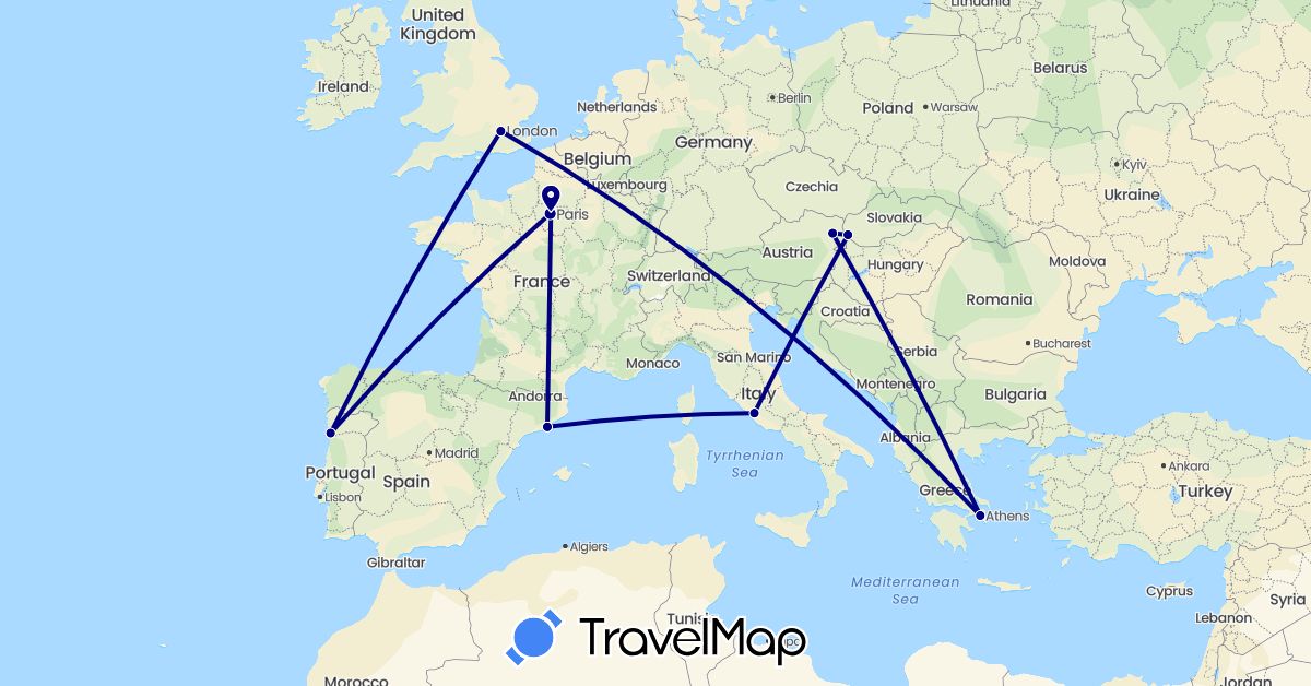TravelMap itinerary: driving in Austria, Spain, France, United Kingdom, Greece, Italy, Portugal, Slovakia (Europe)
