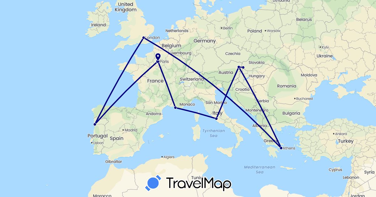 TravelMap itinerary: driving in Austria, France, United Kingdom, Greece, Italy, Portugal, Slovakia (Europe)