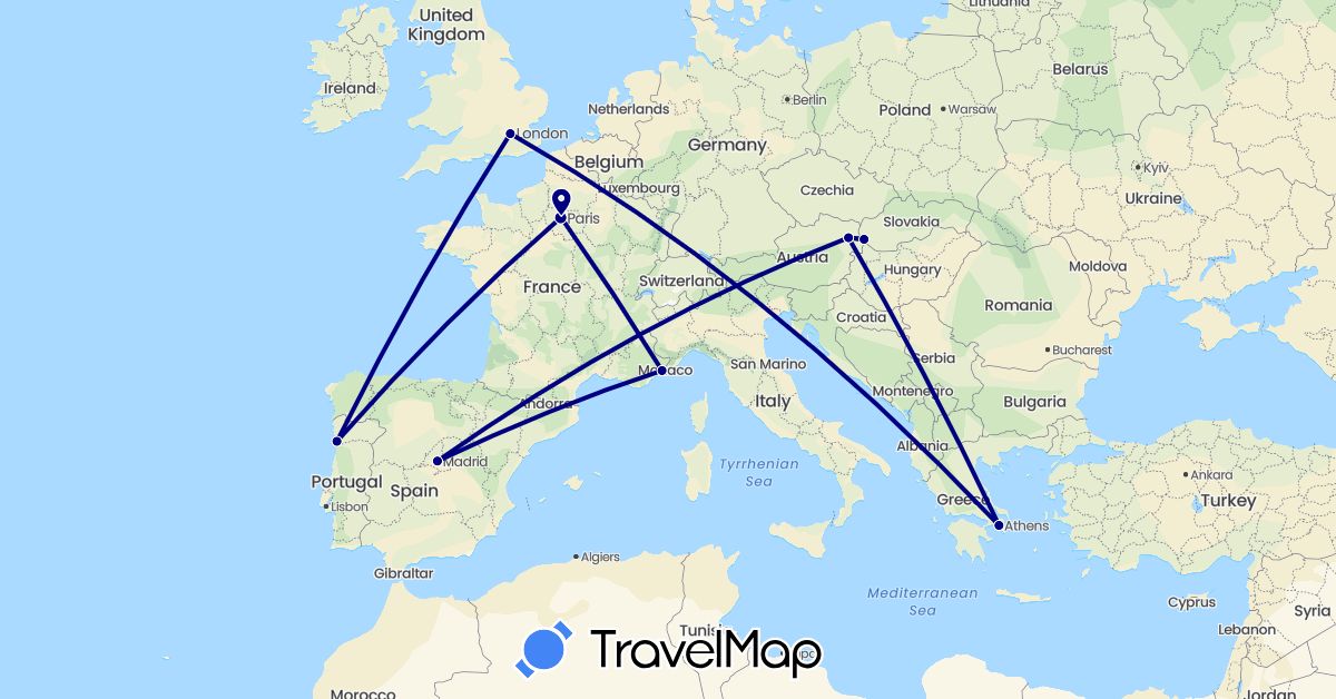 TravelMap itinerary: driving in Austria, Spain, France, United Kingdom, Greece, Portugal, Slovakia (Europe)