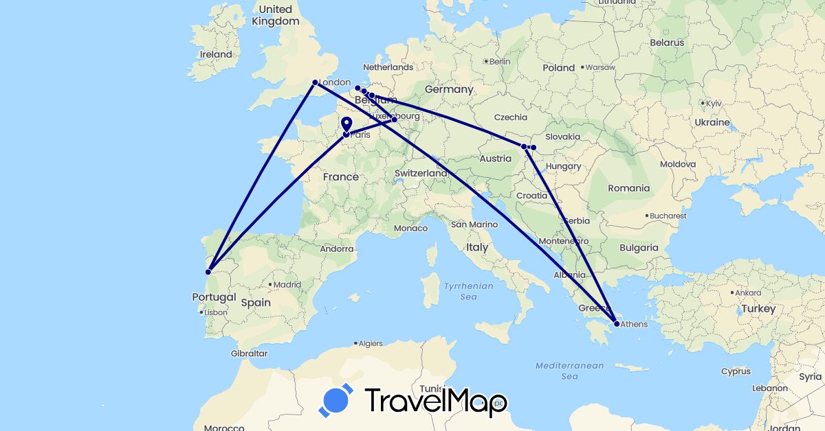TravelMap itinerary: driving in Austria, Belgium, France, United Kingdom, Greece, Luxembourg, Portugal, Slovakia (Europe)