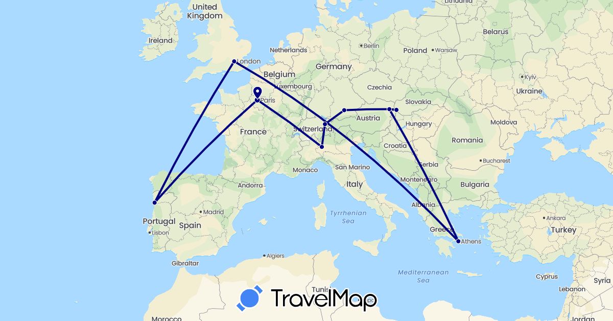 TravelMap itinerary: driving in Austria, Germany, France, United Kingdom, Greece, Italy, Liechtenstein, Portugal, Slovakia (Europe)