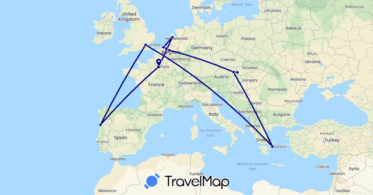 TravelMap itinerary: driving in Austria, Belgium, France, United Kingdom, Greece, Netherlands, Portugal, Slovakia (Europe)